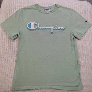 Champion Single Stitch Embroidered Spellout Green Medium T-Shirt 90s Vintage